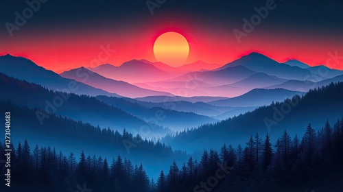 Dramatic Sunset Over Misty Mountains, Peaceful Forest Scene
