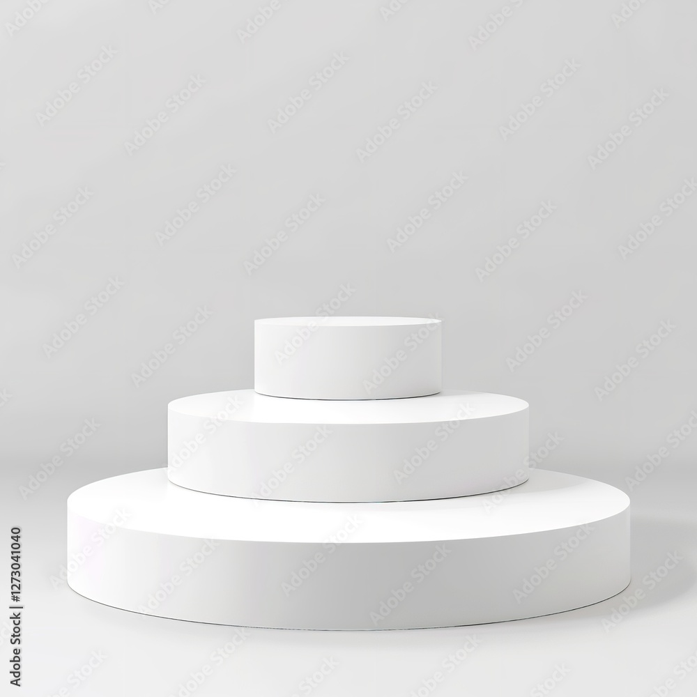 Three-Tiered White Cylindrical Display: Three White Cylindrical Platforms of Varying Heights Stacked Centrally, Isolated on a Light Gray Background, Ideal for Product Showcases, Mockups, or Modern Des Three-Tiered White Cylindrical Display: Three White Cylindrical Platforms of Varying Heights Stacked Centrally, Isolated on a Light Gray Background, Ideal for Product Showcases, Mockups, or Modern Des