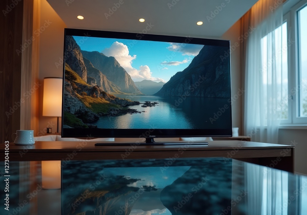 Fototapeta premium Modern living room featuring a scenic mountain landscape on TV