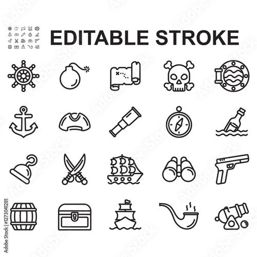 A set of pirate related icons. Contains icons such as anchor, ancient map, ship, binoculars, treasure and many more. Thin line style vector.
