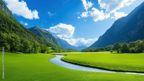 River winds through green valley surrounded by mountains and clouds