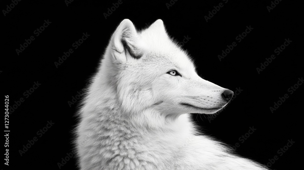 Obraz premium Elegant arctic wolf profile, pristine white fur detail, penetrating eyes, pure black background, refined animal portraiture, professional studio lighting, panoramic frame