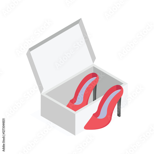 A stylized isometric icon of high heeled shoes inside a shoebox