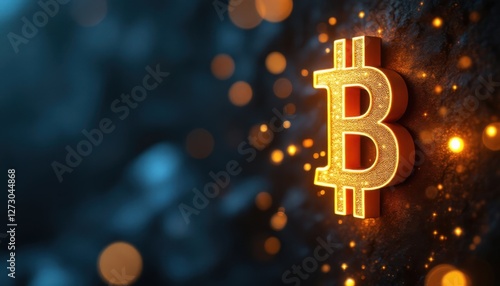 Glowing bitcoin symbol on dark background with sparkling orange lights