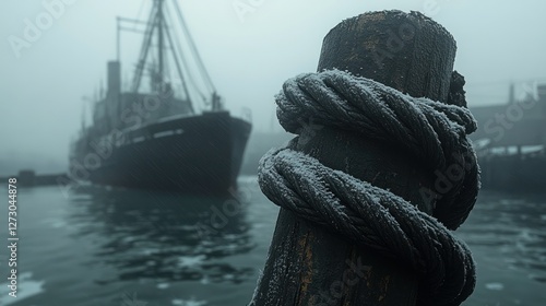 Frozen mooring ropes on foggy harbor