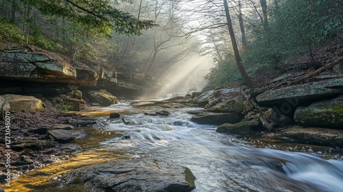 Forest adventure landscape, mystical light beams, rushing creek waters, ancient river rocks, overhanging tree branches, morning mist effect, natural wonder photography photo