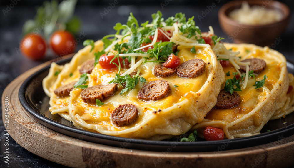 Delicious chicon au gratin with cherry tomatoes in cozy dining room, comfort food Delicious chicon au gratin with cherry tomatoes in cozy dining room, comfort food
