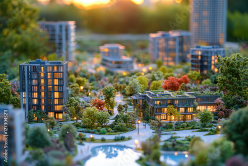 A miniature architectural model showcasing modern apartment buildings integrated into a lush, landscaped environment at sunset.