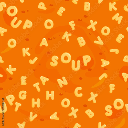 Soup with alphabet pasta, seamless pattern. Homemade soup background with macaroni, alphabet letter pasta meal. Vector illustration.
