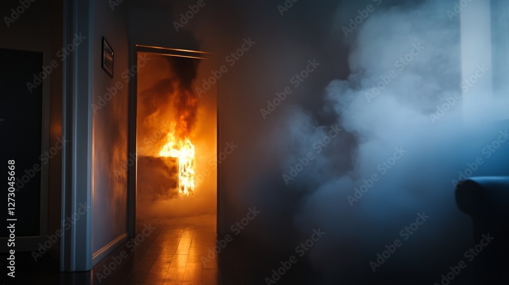 Fototapeta premium Intense flames illuminate a dim hallway, creating an eerie yet captivating atmosphere in a home engulfed by smoke during an unexpected fire incident