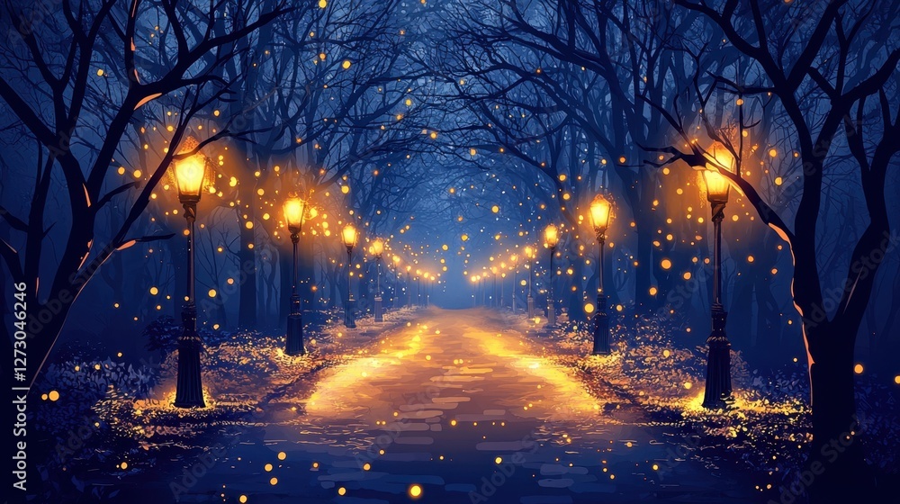 Fototapeta premium A charming nighttime walkway with warm streetlights casting a golden glow on the pavement.