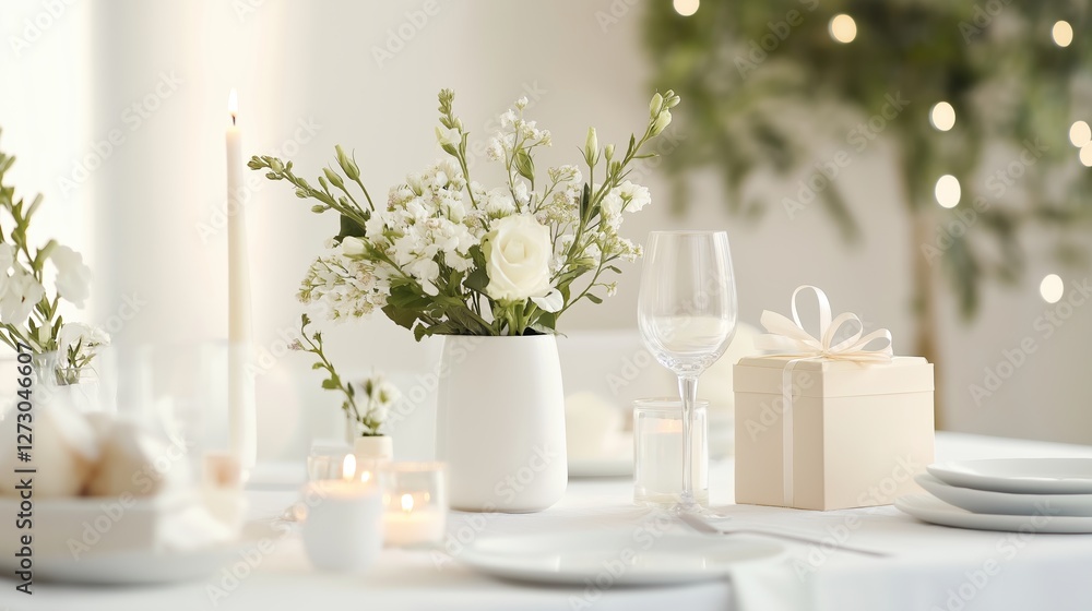 Elegant table setting with white flowers and candles creates a serene atmosphere for a special celebration Elegant table setting with white flowers and candles creates a serene atmosphere for a special celebration