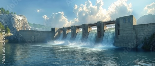 Aerial view of hydropower turbines generating sustainable energy at river dam site
