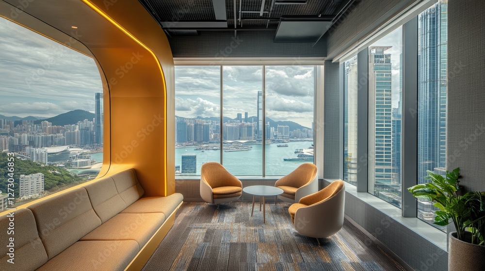 A stylish, contemporary office overlooking Hong Kong's skyline, with a panoramic view of the city tall buildings and vibrant harbor below. A stylish, contemporary office overlooking Hong Kong's skyline, with a panoramic view of the city tall buildings and vibrant harbor below.