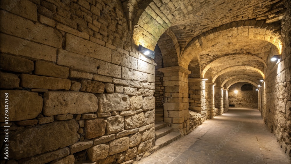 Fototapeta premium Bokeh Effect Photo: Historic Castle Basement, Calcareous Sandstone Masonry, Ancient Architecture, Stone Walls, Medieval Building