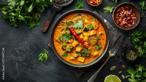 A bowl of spicy mixed vegetable curry with red chili oil floating on top, giving it an extra fiery look.