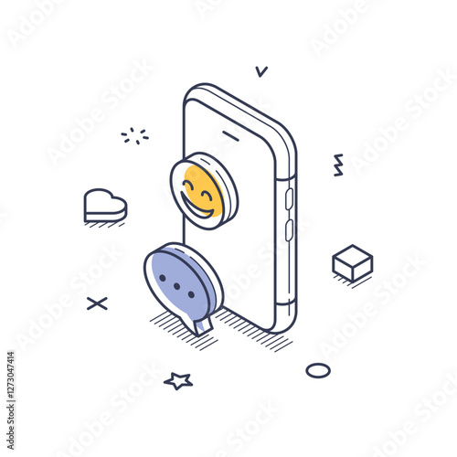 Vector illustration showcases an isometric line art design of a smartphone with emoticon and message icons attached