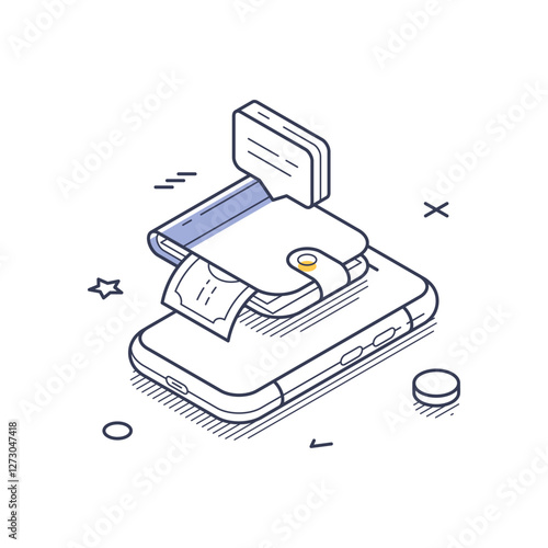 Isometric line art icon shows a smartphone with a digital wallet accessing online payment methods. This design highlights modern transactions and digital finance connectivity. Vector illustration