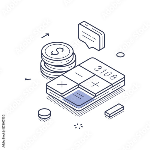Isometric line art icon showcasing online payments. It highlights budget calculations with a calculator, coins, and communication elements, emphasizing finance. Vector illustration