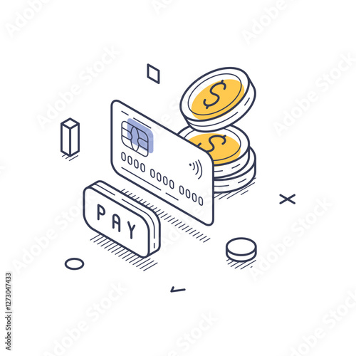 Online payment concept featuring an isometric line art design. It includes a credit card, coins, and a payment button highlighting the process of digital transactions. Vector illustration