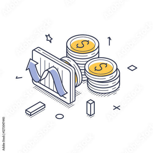 Isometric line art representation of online payments, showcasing currency coins and a financial dashboard. Vector illustration