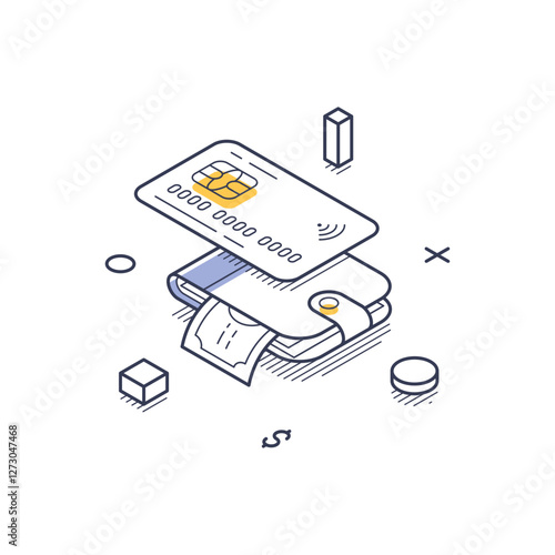 Online shopping featuring a wallet with a card and cash emerging. The design emphasizes payment methods in a modern digital context. Vector illustration