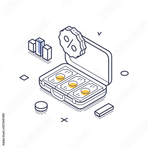 Briefcase filled with cash, alongside various financial graphics like bars and percentage symbols. Business investment concept. Isometric line art vector illustration