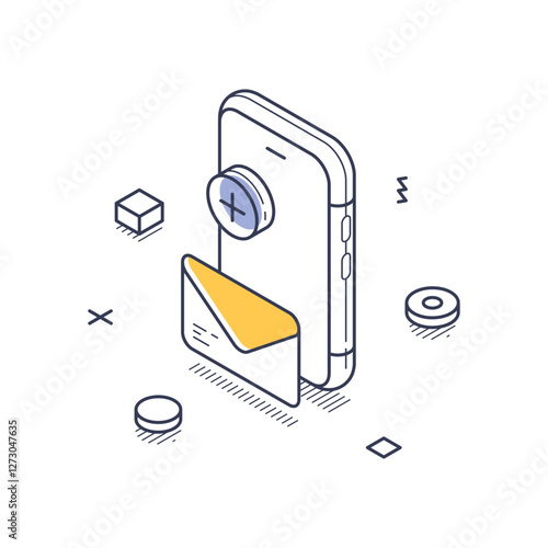 Online marketing concept featuring an isometric phone with an envelope emerging. Modern isometric line art vector illustration