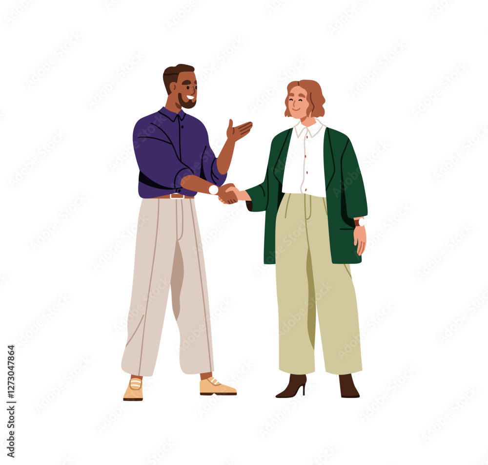 Business partners, man and woman shaking hands, cooperation and deal sign. Professional communication, handshake for agreement, partnership. Flat vector illustration isolated on white background Business partners, man and woman shaking hands, cooperation and deal sign. Professional communication, handshake for agreement, partnership. Flat vector illustration isolated on white background