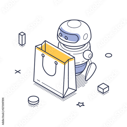 A delivery service robot stands next to a shopping bag, showcasing its role in modern logistics. This isometric line art illustration emphasizes efficiency and innovation in delivery solutions.