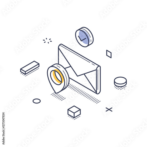 Isometric line art icon of a delivery service with an envelope, location pin, circular clock, and geometric elements for an infographic style. Modern isometric line art vector illustration