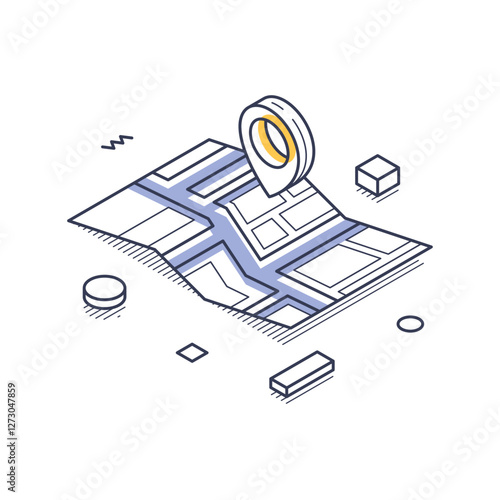 Isometric line art icon showcasing a map with a location pin, symbolizing delivery services. It represents navigation and logistics in a simple illustration. Vector illustration
