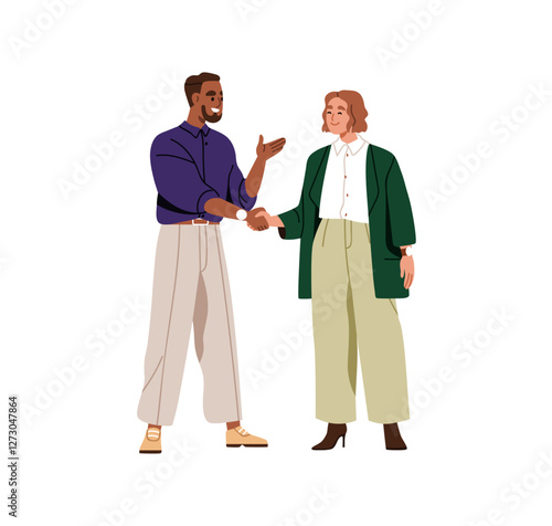 Business partners, man and woman shaking hands, cooperation and deal sign. Professional communication, handshake for agreement, partnership. Flat vector illustration isolated on white background