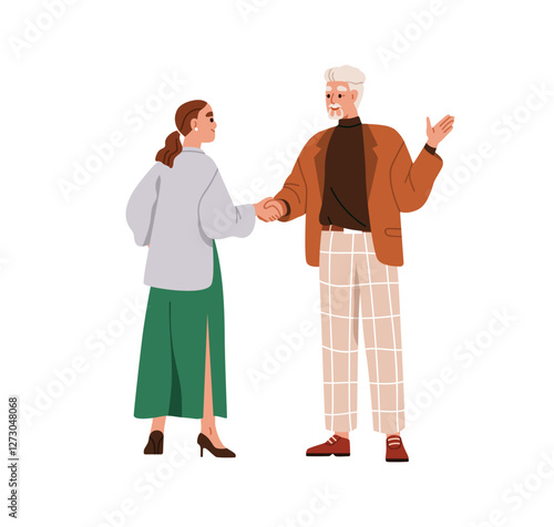 Handshake, old senior man and young woman. Professional people shaking hands. Older employee greeting younger office worker, business partner. Flat vector illustration isolated on white background