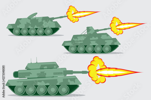Vector illustration of a tank vehicle. A tank fires artillery with a huge explosion. Military weapons in a terrible war