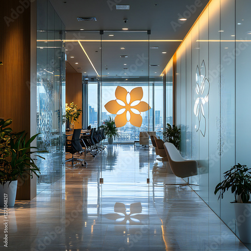 A logo mockup on a frosted glass office door, in a corporate setting