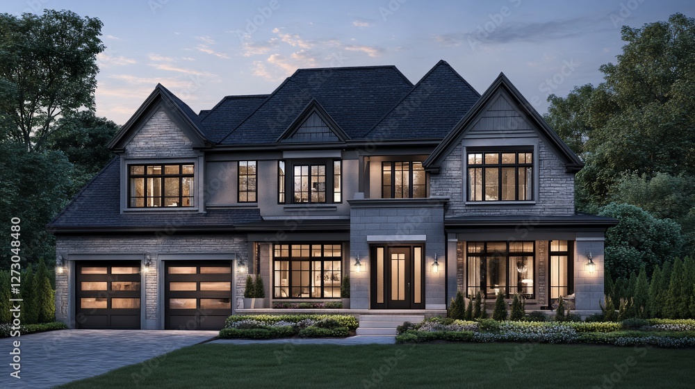 Luxurious two-story home with gray stone facade, black windows, and a three-car garage at twilight. Luxurious two-story home with gray stone facade, black windows, and a three-car garage at twilight.