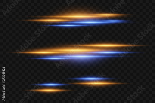 Set of glowing flares and sparks of light. Neon lines and flashes. On a transparent background.