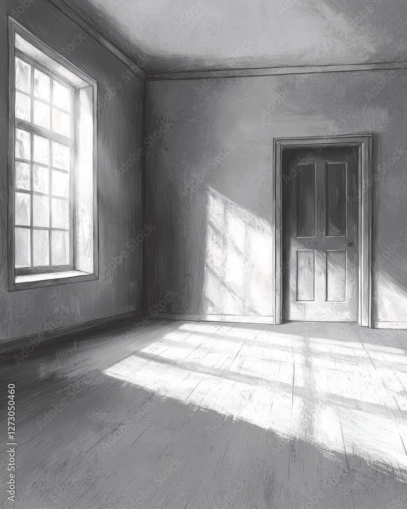 A simple black-and-white drawing of an empty room with sunlight streaming through the windows, casting long shadows on the floor.. A simple black-and-white drawing of an empty room with sunlight streaming through the windows, casting long shadows on the floor..