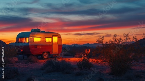 Wallpaper Mural A vintage trailer glowing under the sunset in the Arizona desert, creating a warm and inviting atmosphere against the rugged desert backdrop. Torontodigital.ca