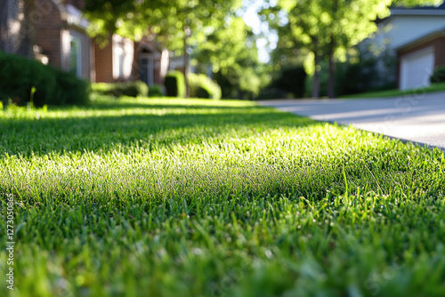 Lush green grass lawn in a suburban neighborhood, sunlit and idyllic.