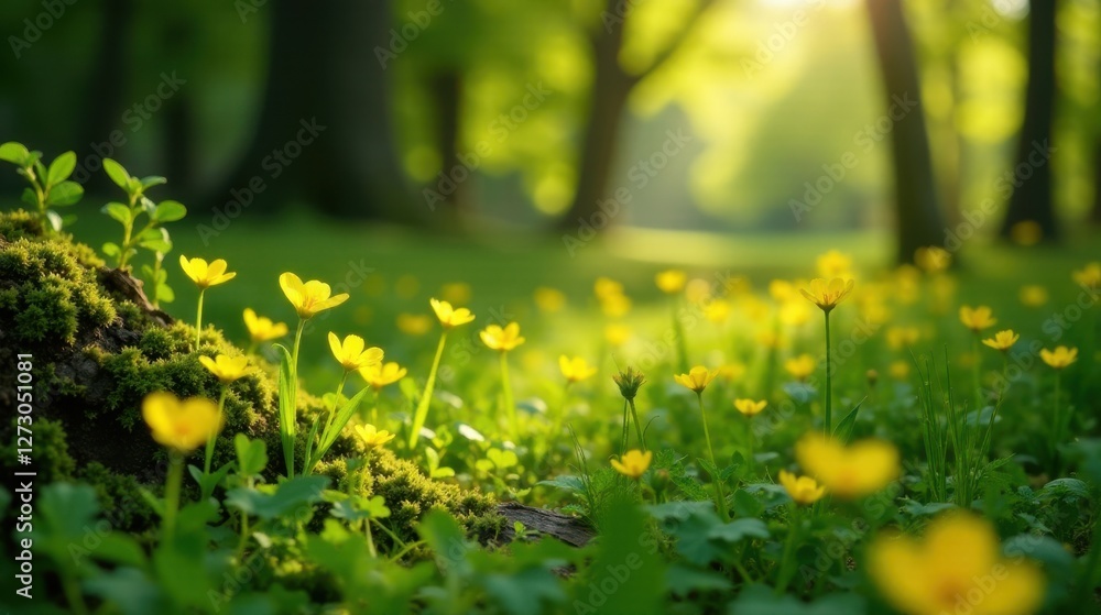 Fototapeta premium Serene Spring Meadow Sunlit Yellow Flowers Blooming Amongst Lush Green Foliage, Creating a Peaceful Natural Scene