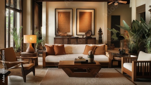 Wallpaper Mural A warm, rustic-inspired living room with a modern touch, featuring brown colors, wooden furniture, and a relaxed, homely vibe. Torontodigital.ca