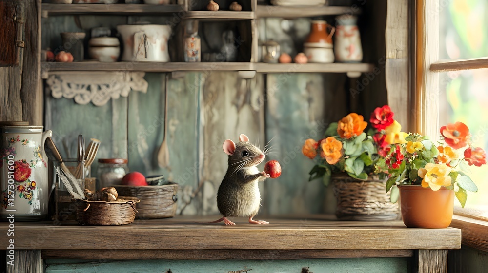 Fototapeta premium A mouse exploring a rustic kitchen