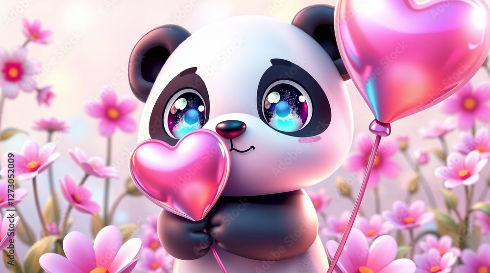 3D illustration, adorable chibi panda with sparkling eyes, joyful expression. Holding heart balloon, bright floral garden setting 3D illustration, adorable chibi panda with sparkling eyes, joyful expression. Holding heart balloon, bright floral garden setting