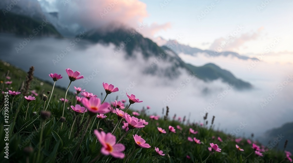 Obraz premium Dramatic cinematic style portrays a dreamy valley landscape: glowing pink flowers in a field, misty mountains, soft atmospheric light.