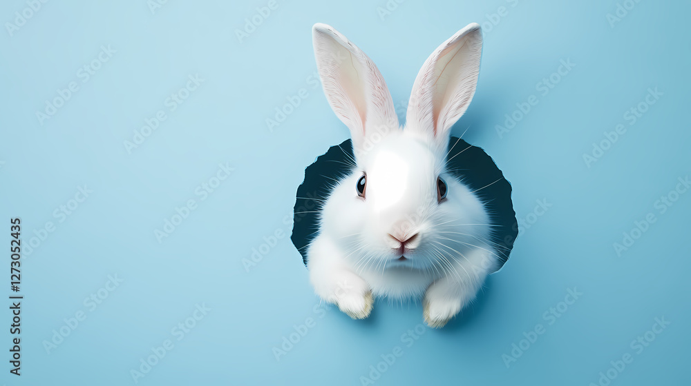 Fototapeta premium Cute Rabbit Peeks Through a Hole in Pale Blue Cardboard