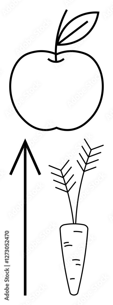 Fototapeta premium Apple with leaf, upward arrow, and carrot with leaves represent growth, health, and nutrition. Ideal for healthy living tips, diet planning, growth strategies, food-related content educational
