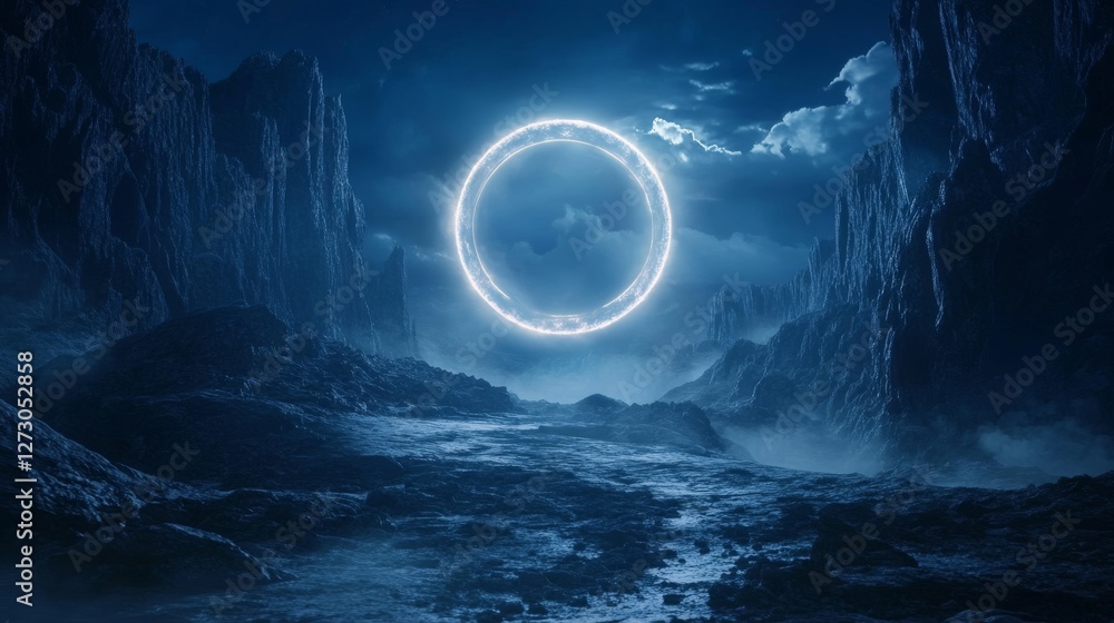 Fototapeta premium supernatural energy portal amidst craggy cliffs, circular light phenomenon, moonlit rocky terrain, cyberpunk aesthetics, moody landscape, photorealistic details, volumetric lighting, cinematic