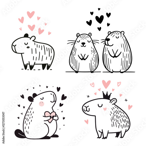 Cute vector illustrations of animals capybaras expressing love through doodle and cartoon art style